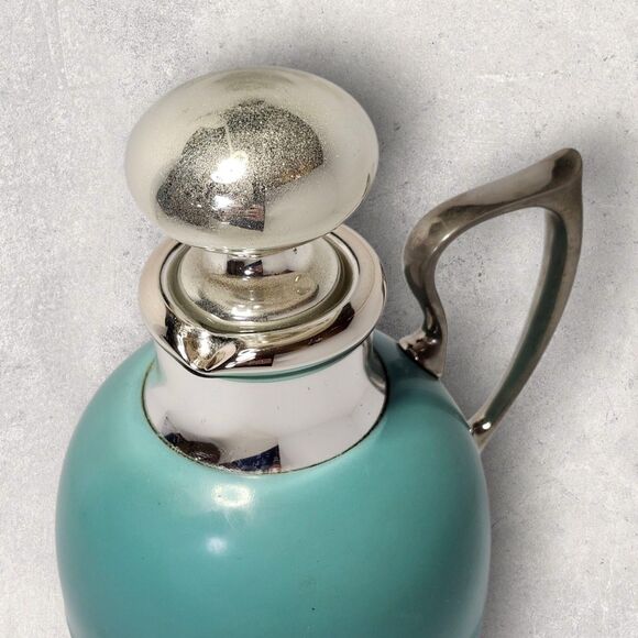 Vintage Manning Bowman Art Deco Turquoise Thermos & Tray w/ Glass Stopper Chrome - Picture 9 of 16